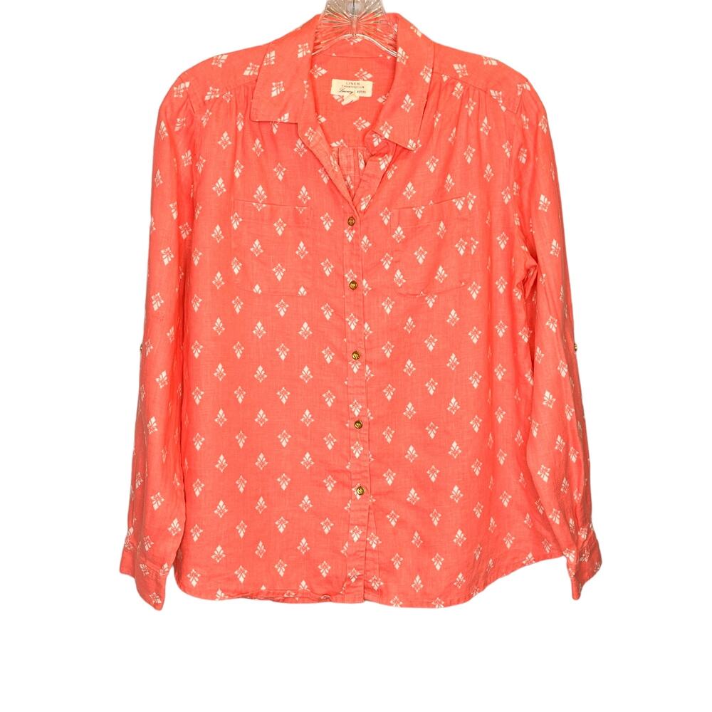 Linen Club Luxury Button Front Pink Floral Long Sleeve Top Petite M